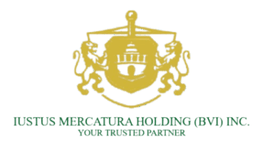 "The official logo of Iustus Mercatura Holding (BVI) Inc. The design includes a golden heraldic crest featuring a shield with a classical building, supported by two rampant lions. Below this crest is the full company name and the tagline 'YOUR TRUSTED PARTNER'."