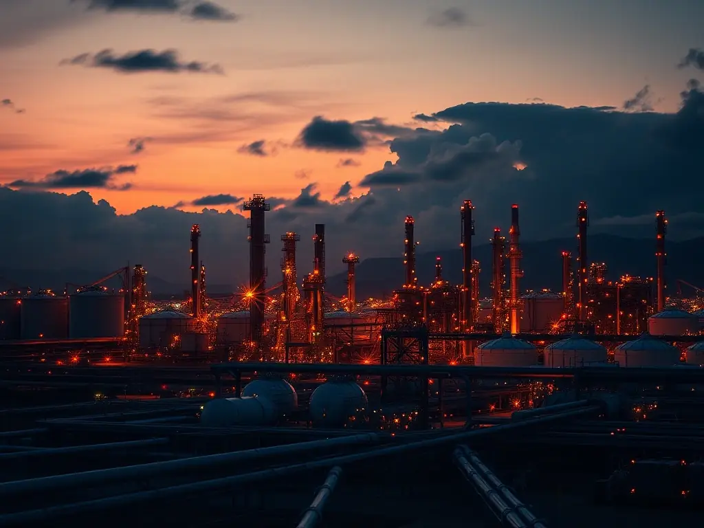 A high-tech oil refinery at dusk, with illuminated pipelines and storage tanks, representing the petroleum products traded by Iustus Mercatura Holding.