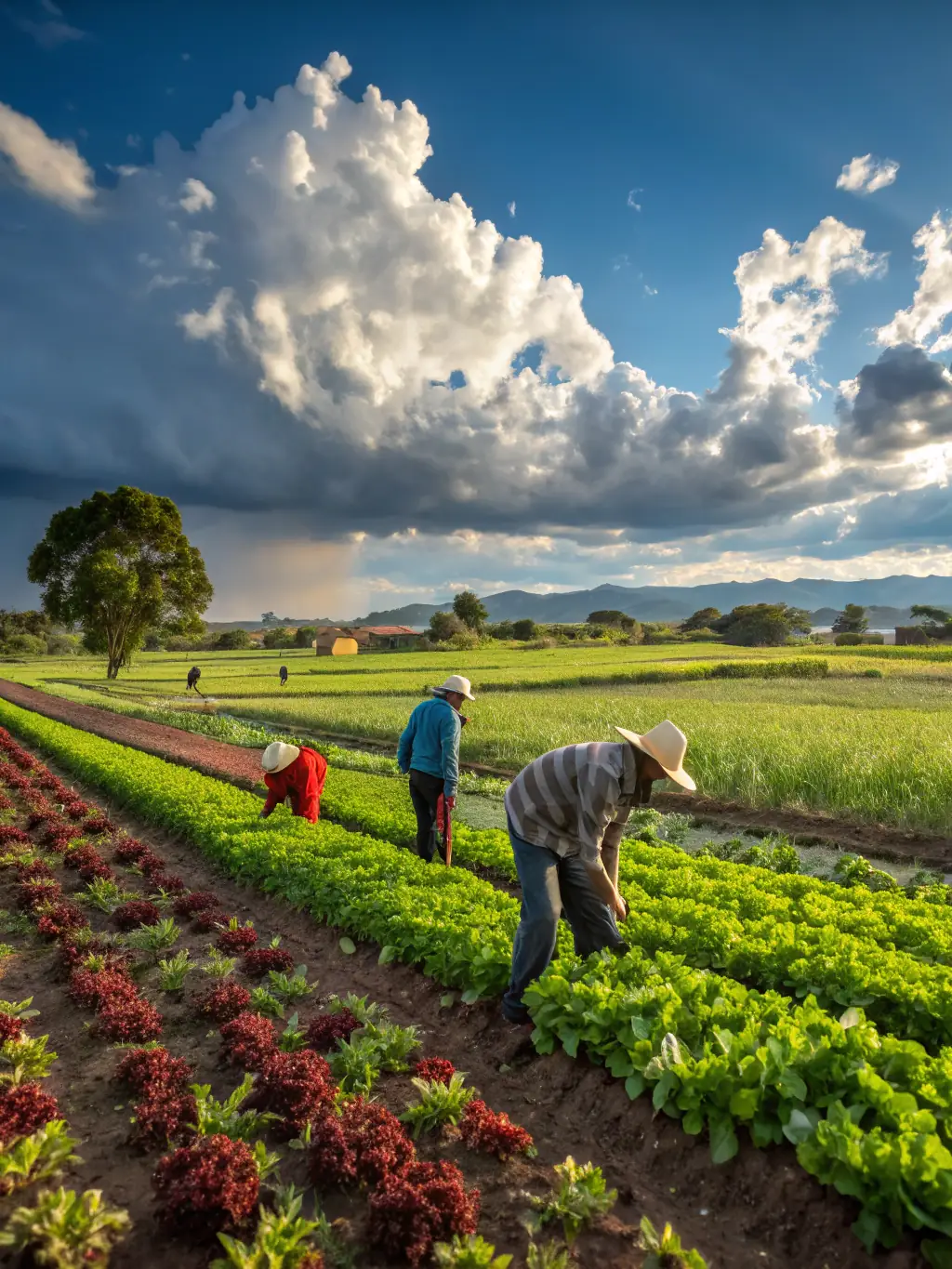 A diverse group of farmers working in a sustainable agricultural project, reflecting Iustus Mercatura's dedication to sustainable development and ethical sourcing.
