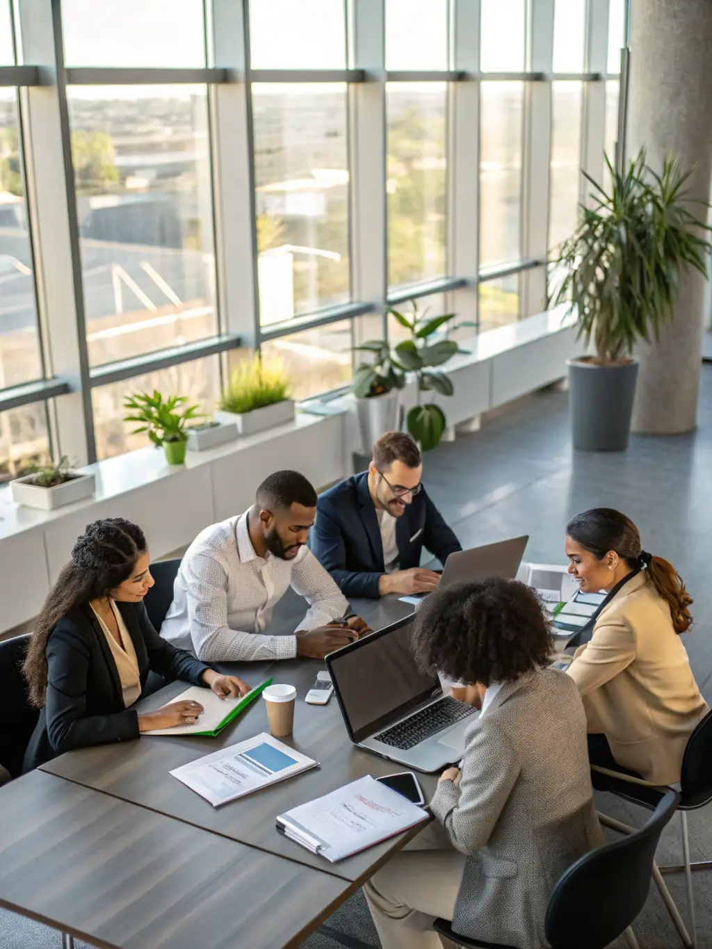 A diverse group of professionals collaborating in a modern office setting, representing Iustus Mercatura's commitment to global business management and ethical operations.