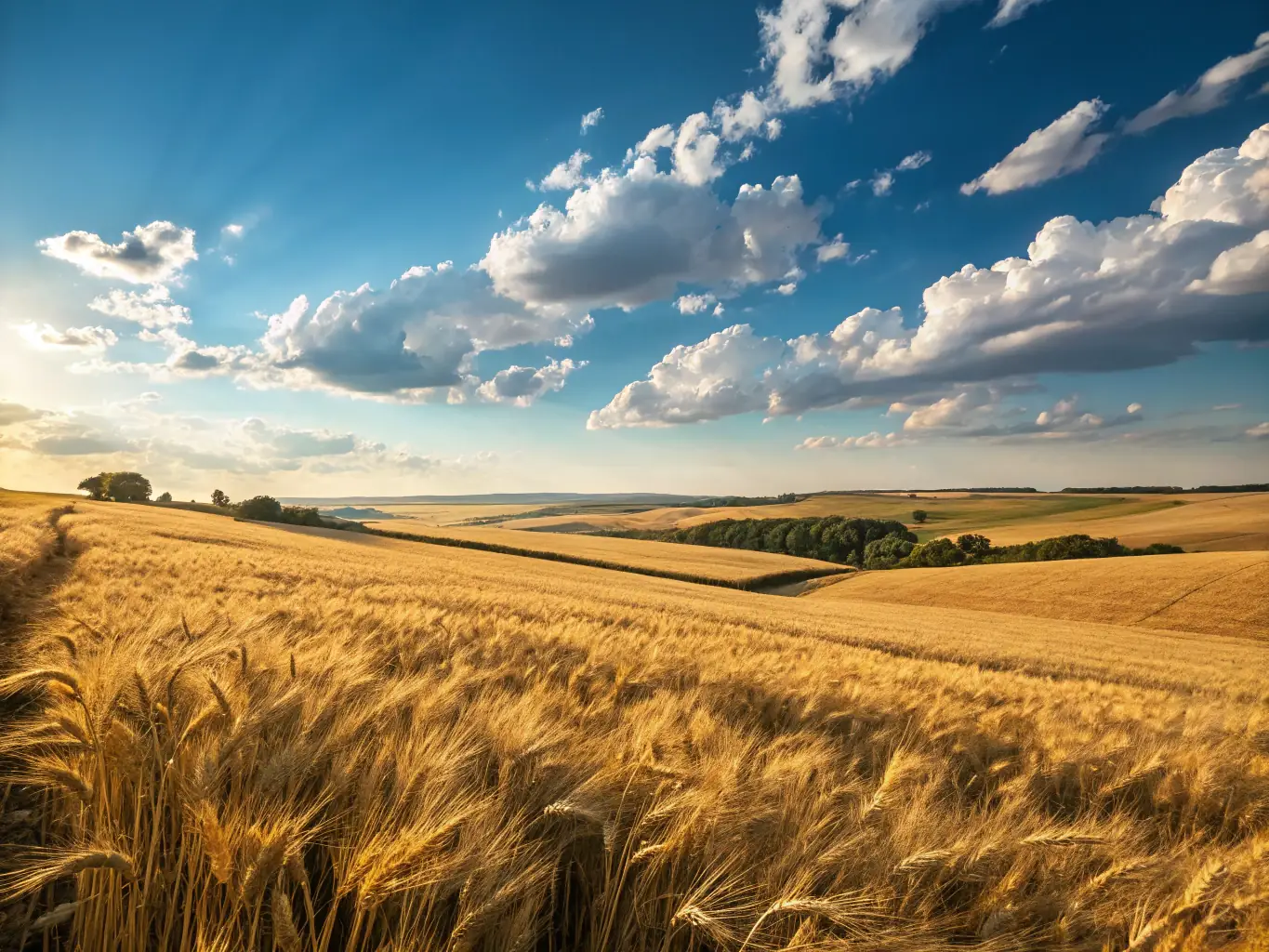 A vibrant, sun-drenched wheat field ready for harvest, symbolizing the agricultural commodities traded by Iustus Mercatura Holding.
