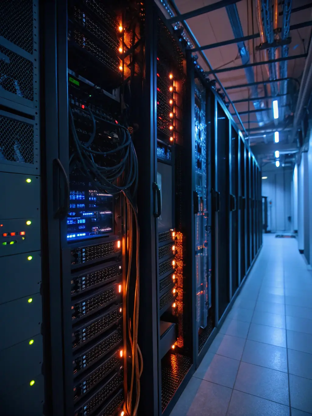 A high-tech data center with servers and networking equipment, symbolizing Iustus Mercatura's focus on technological innovation and data-driven decision-making.