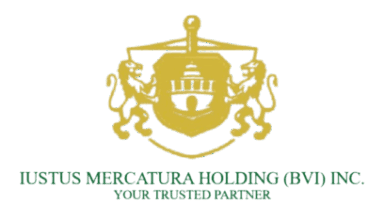 "The official logo of Iustus Mercatura Holding (BVI) Inc. The design includes a golden heraldic crest featuring a shield with a classical building, supported by two rampant lions. Below this crest is the full company name and the tagline 'YOUR TRUSTED PARTNER'."